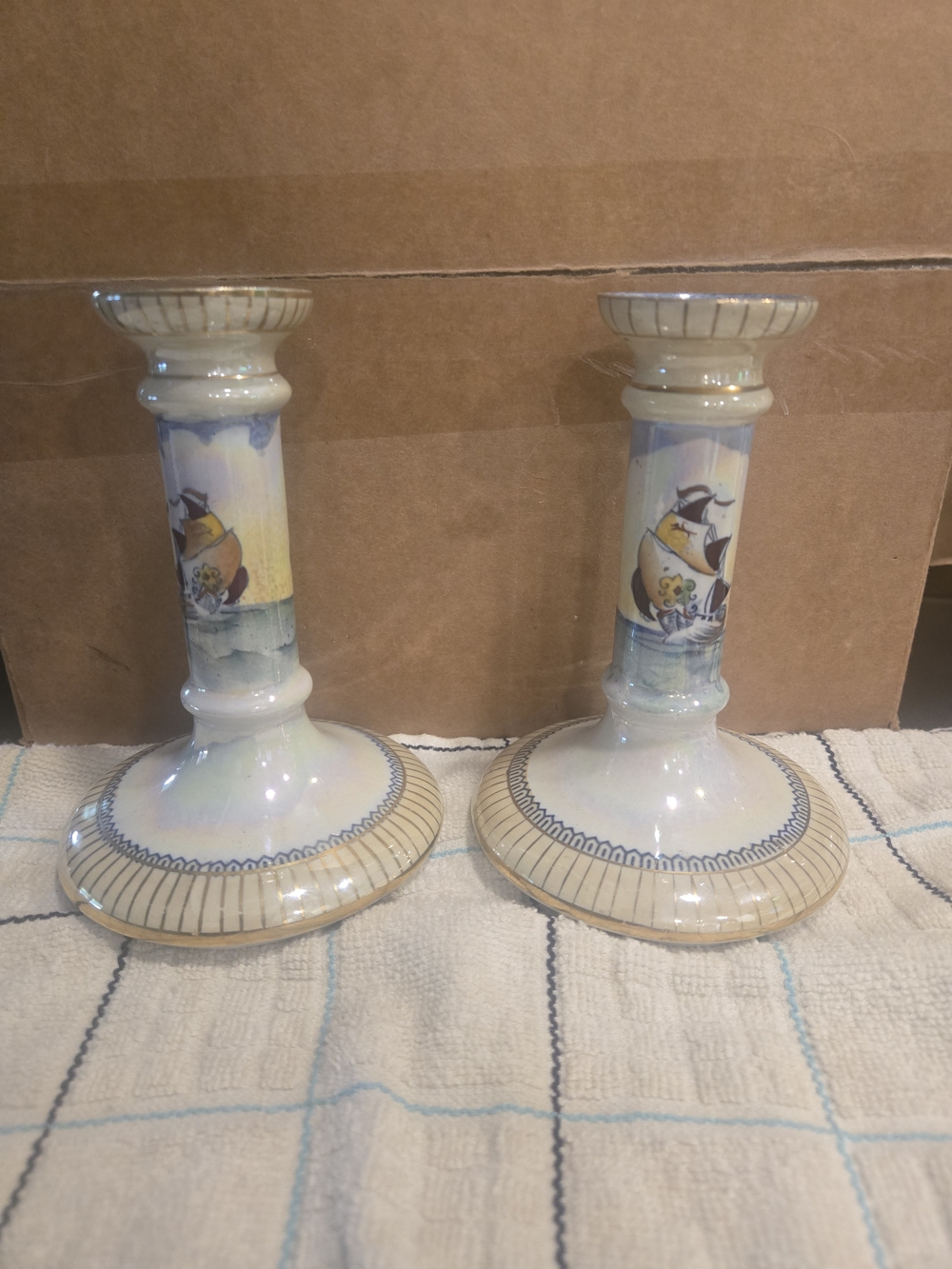 Vintage Art Deco Coronet Ware Sailboat Lustre Candlesticks - Matching Pair 1930s